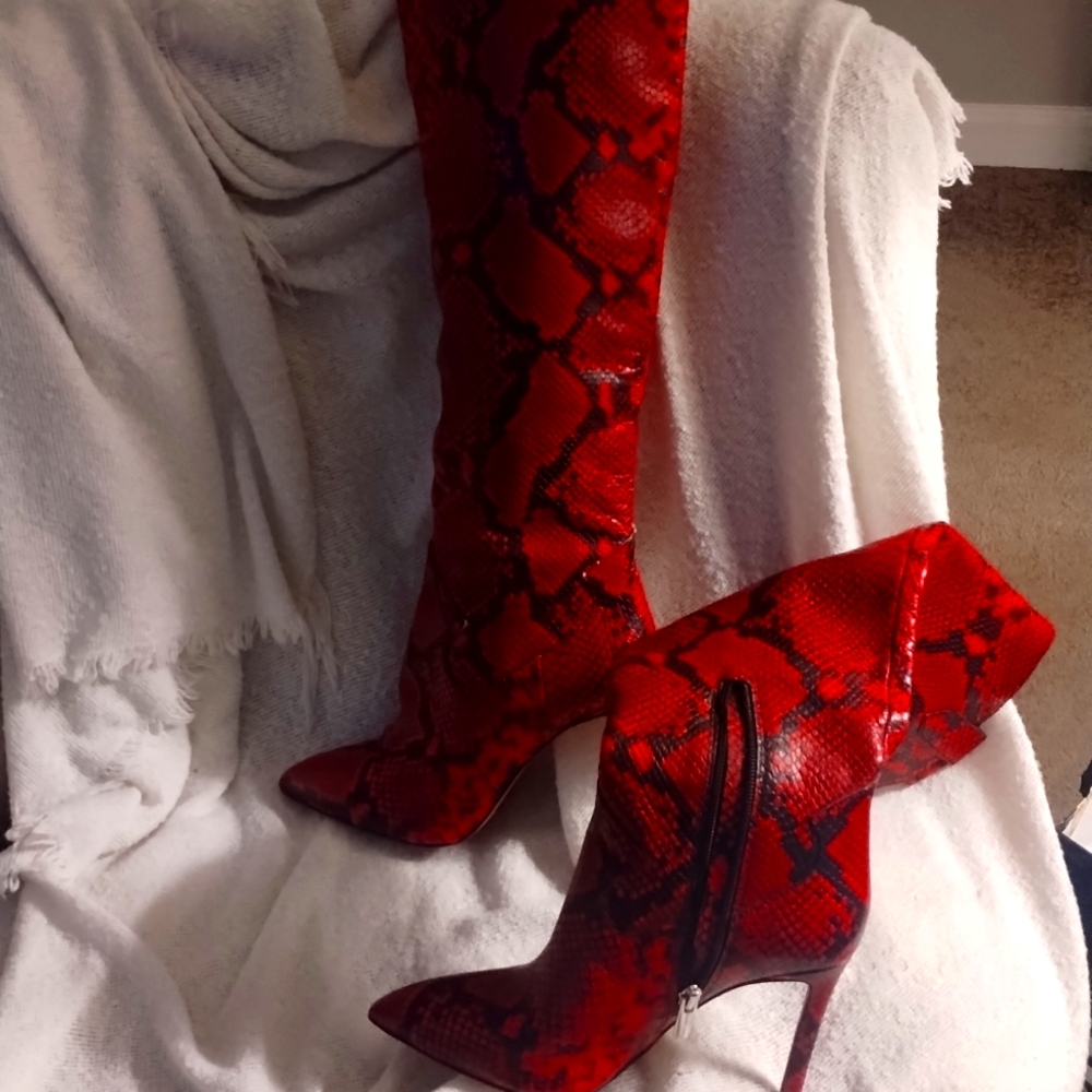 Vince Camuto Red Snakeskin Knee High Pointed Toe Boots